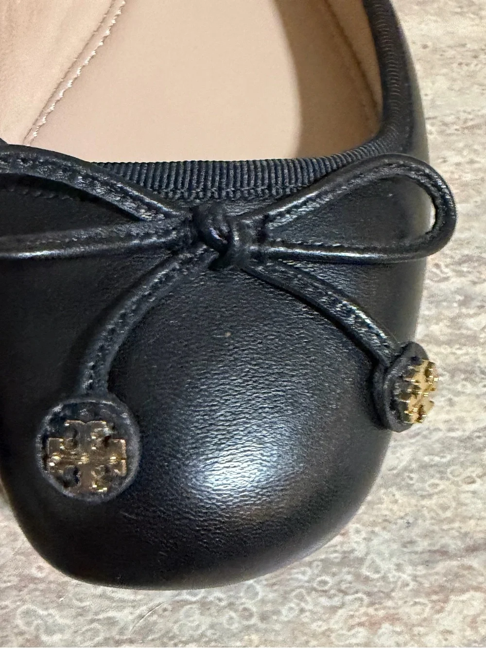 Tory Burch Laila Driver Black Leather Bow Ballet Flats with Gold Logo Charms